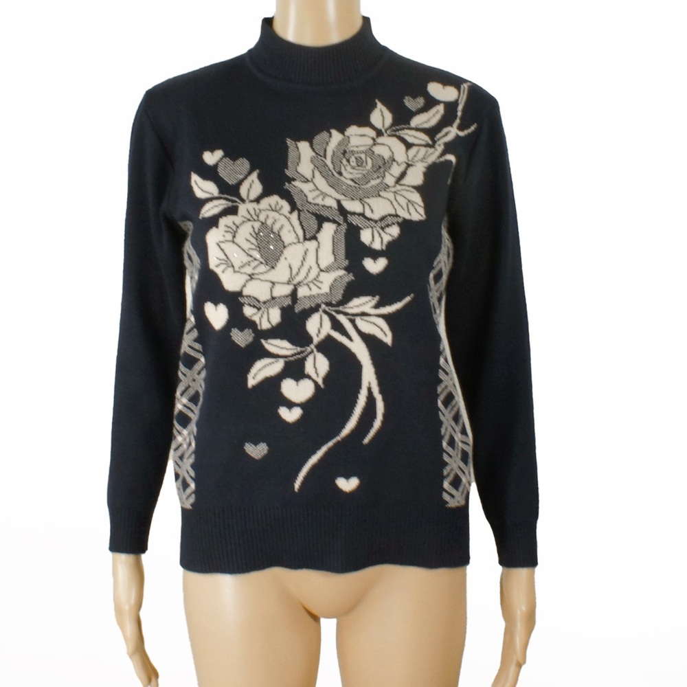 Vintage Rose Floral Dark Navy Knit Pullover Sweater Top - Picture 2 of 6